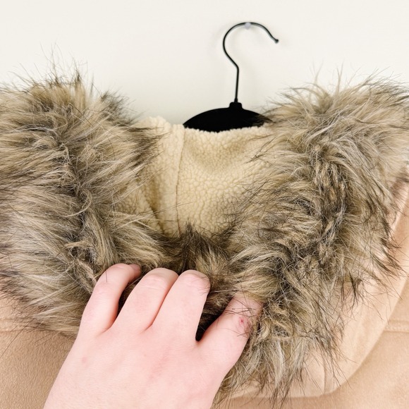 Lands' End Women's L 14-16 Faux Suede Toggle Coat Hooded Sherpa Lined Beige - Picture 10 of 10